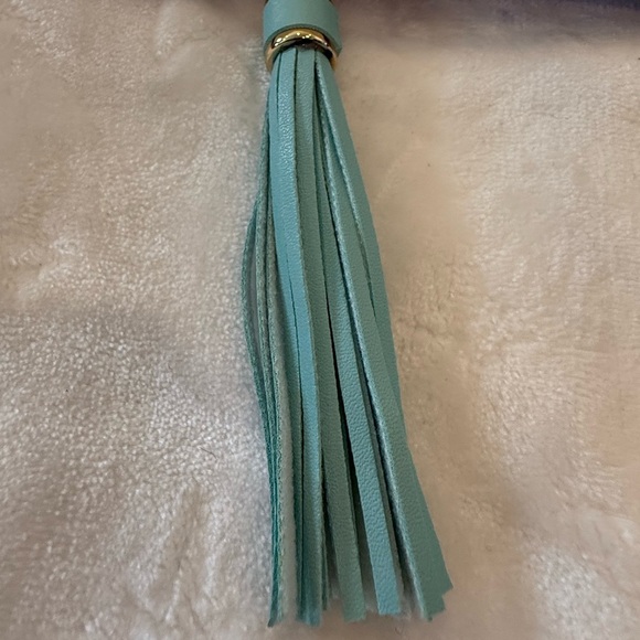 Aqua Balloon Dog Tassel Keychain with Faux Pearls & Gold Hardware –One of A Kind - Picture 6 of 9